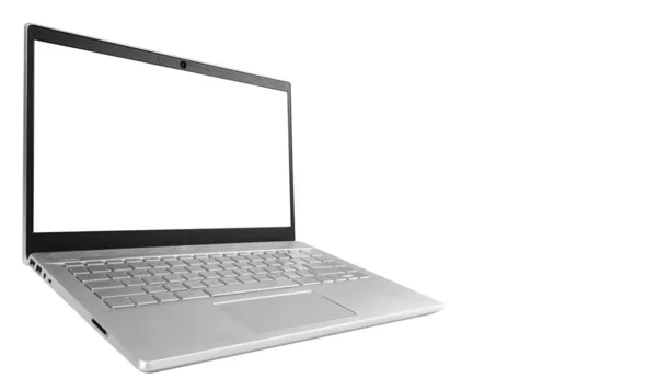 흰색 배경에 격리 된 빈 화면 모의 노트북 컴퓨터 PC. 클립핀 경로가 있는 랩톱 격리 화면. 복사 공간이있는 PC 컴퓨터 흰색 화면. 텍스트의 빈 공간. — 스톡 사진