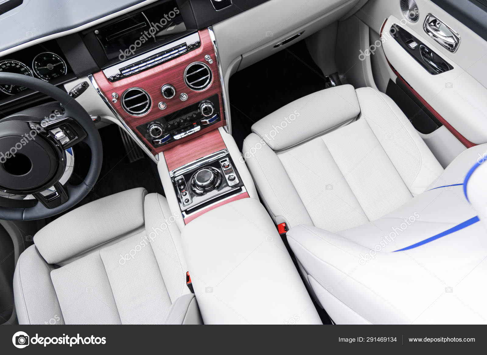 Modern Luxury Car White Leather Interior With Natural Wood