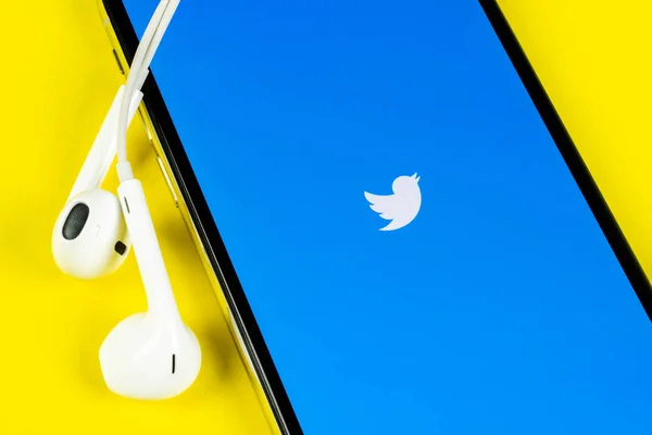 Twitter application icon on Apple iPhone X smartphone screen close-up. Twitter app icon. Social media icon. Social network — Stock Photo, Image