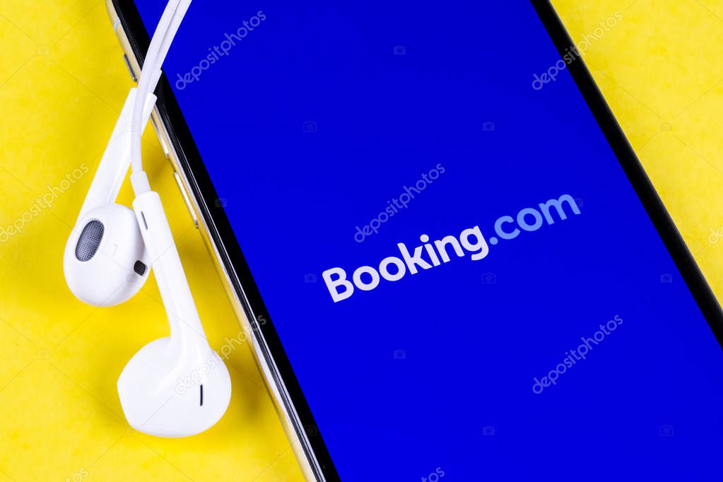 Helsinki, Finland, May 4, 2019: Booking.com application icon on Apple iPhone X screen close-up. Booking app icon. Booking.com. Social media app. Social network