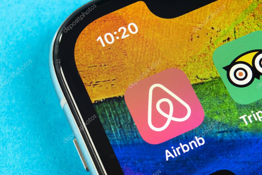 Helsinki, Finland, May 4, 2019: Airbnb application icon on Apple iPhone X screen close-up. Airbnb app icon. Airbnb.com is online website for booking rooms. social media network.