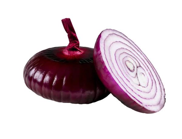 Slices Isolated onion. One red whole onion isolated on white background with clipping path and copy space. Red Onion slices bulbs isolated on white. — Stock Photo, Image