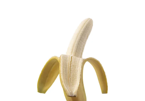 Halb geschälte Banane isoliert auf weißem Hintergrund. reife offene Banane isoliert. Bananenfrüchte isoliert auf weißem Hintergrund. reife Bananen mit Schnittpfad. Bananenfrüchte aus nächster Nähe. Banane isoliert — Stockfoto