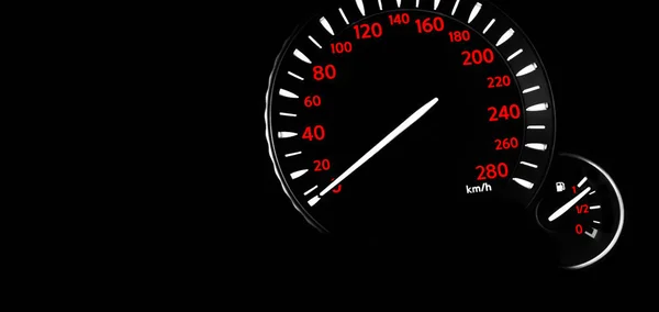 Close up shot of a red speedometer in a car. Car dashboard. DashClose up shot of a red speedometer in a car. Car dashboard. Dashboard details with indication lamps.Car instrument panel. Dashboard with speedometer, tachometer, odometer. Car detailing. — Stock Photo, Image