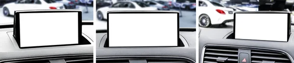 Set di monitor in auto con schermo vuoto isolato per mappe di navigazione e GPS. Isolato su bianco con percorso di ritaglio. Dettaglio auto. Dettagli interni auto moderne . — Foto Stock