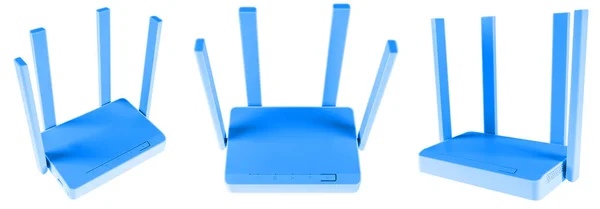一套白色背景的蓝色无线Wi-Fi路由器。 无线网络技术的概念。 白色无线路由器隔离。 带白色背景天线的电缆调制解调器. — 图库照片