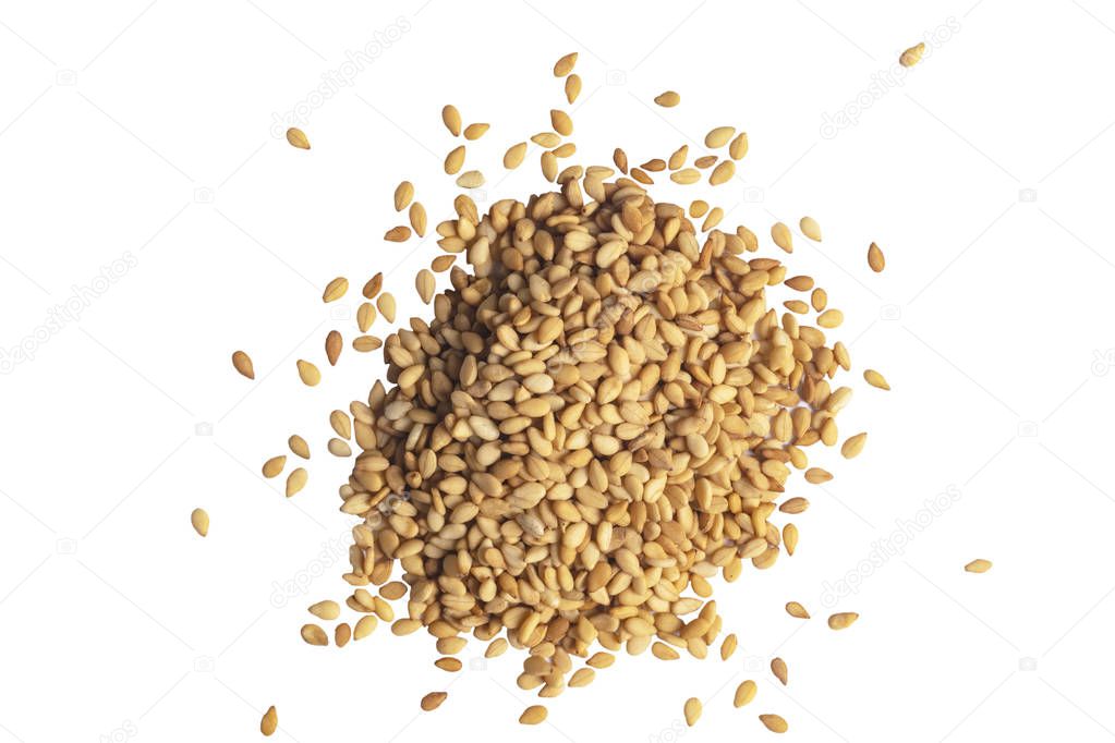 Macro shot of a raw white sesame seed isolated on white background. Top view. Food Background. A scattering of sesame seeds. Healthy food. Natural food.