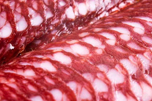 Vista Superior Chorizo Salchichón Cerdo Ahumado Rebanadas Fondo Salchicha Salami — Foto de Stock