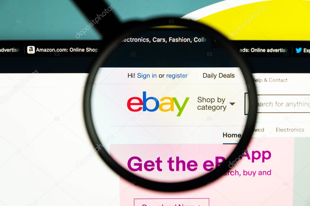Sankt-Petersburg, Russia, June 16, 2020: eBay application icon on Apple iMac screen under magnifying glass. eBay app icon. eBay.com is largest online auction and shopping websites.