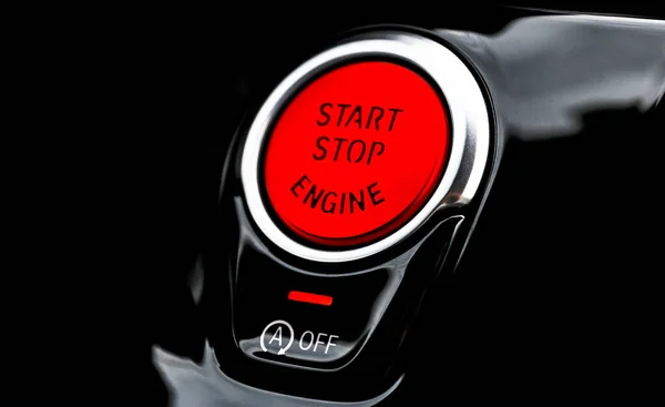 Cruscotto Auto Con Attenzione Pulsante Rosso Start Stop Del Motore — Foto Stock