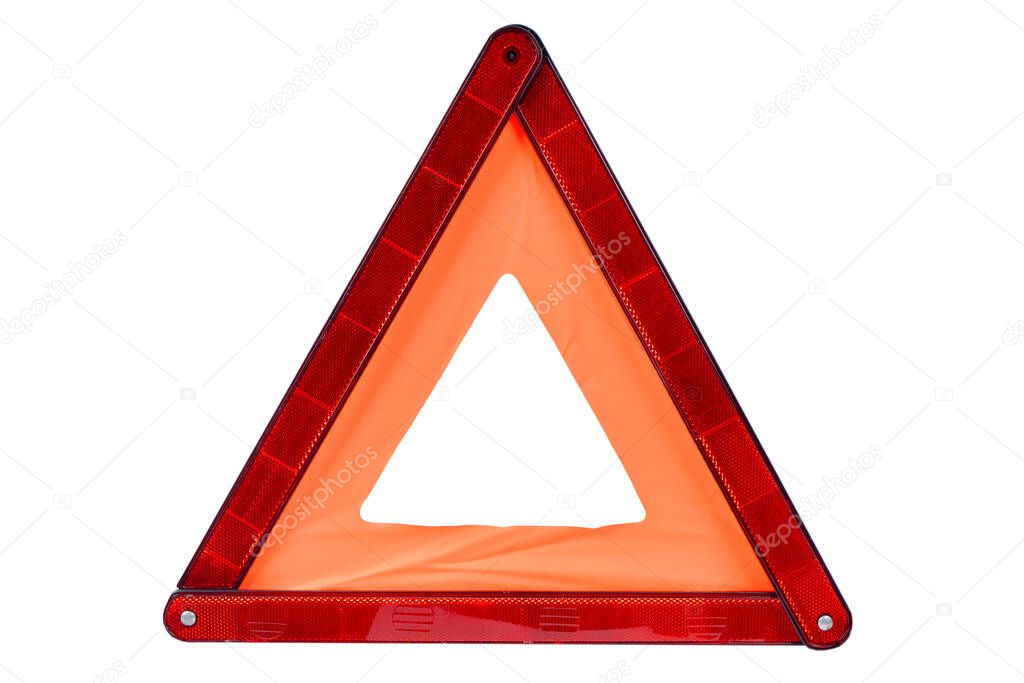 Red triangle sign isolated on white background. Emergency stop sign isolated over white with clipping path. Reflective road hazard warning triangle