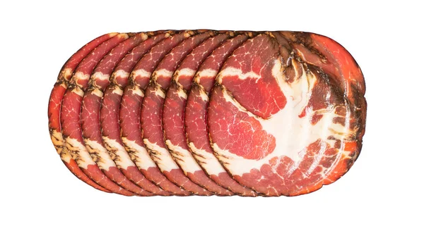 Vista Dall Alto Affumicato Salumi Maiale Chorizo Salsicce Fette Isolate — Foto Stock