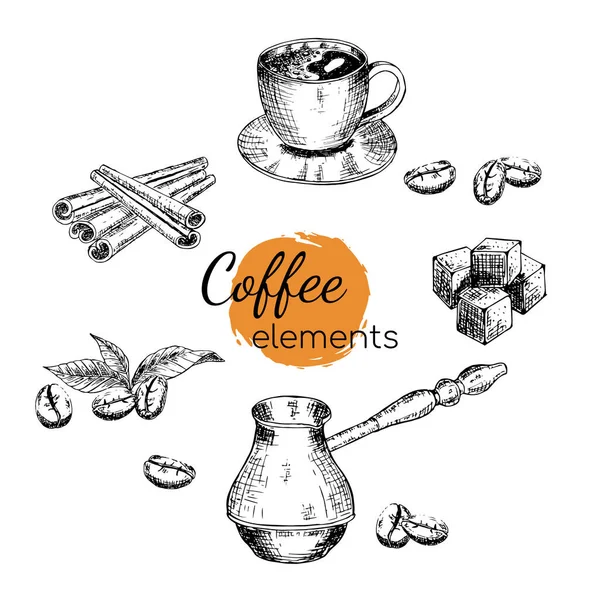 Set Von Kaffee Vektorelementen Tasse Kaffee Zucker Zimt Kaffeebohnen Türkische — Stockvektor