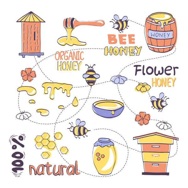 Комплект Включает Себя Милые Пчелы Буквенный Мед Улей Колоду Медом — стоковый вектор