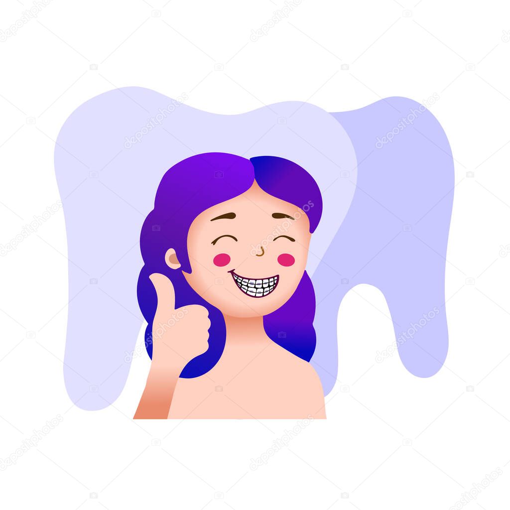 Cute Girl Smiling And Showing Braces Illustration Of A Girl With Braces Even Teeth And A Wide Smile Teeth Drawn In The Background Flat Design Hand Drawing Purple Hair Smile And