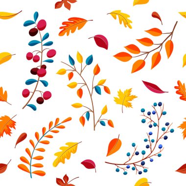 Kusursuz sonbahar deseni. Sonbahar yaprakları, dallar, böğürtlenler. Pembe, turuncu, sarı ve turkuaz renklerde parlak bir düşüş