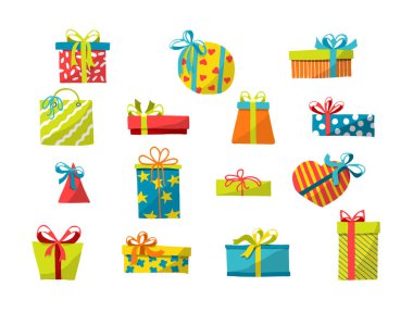 Parlak hediye kutularının vektör seti. Çok renkli fiyonklu hediye paketlerinin bir tasviri. Doğum günü ve Noel için hediye kutuları. İzole vektör tatil paketleri ve hediyeler. El çizimi çok renkli.