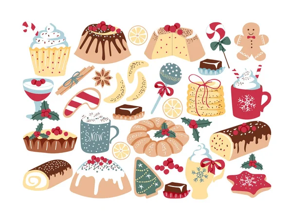 Vektor Set Von Feiertagssüßigkeiten Lutscher Semmeln Cupcakes Süße Getränke Kekse — Stockvektor