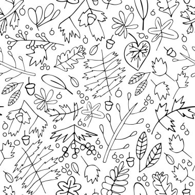 Sonbahar yapraklarının, meyvelerin, meşe palamutlarının kusursuz vektör deseni. Duvar kağıdı, kumaş, tekstil, afiş, broşür ve davetiye taslakları. Beyaz bir arkaplanda izole edilmiş