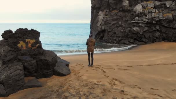 Młoda Kobieta Kamerą Ręku Patrzy Fale Oceanu Pojęcie Przygody Islandii Filmik Stockowy