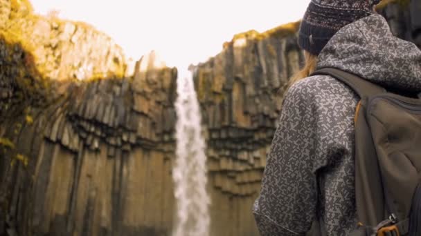 Νεαρές Γυναίκες Φωτογραφίζονται Μια Φωτογραφική Μηχανή Καταρράκτης Svartifoss Στην Ισλανδία — Αρχείο Βίντεο