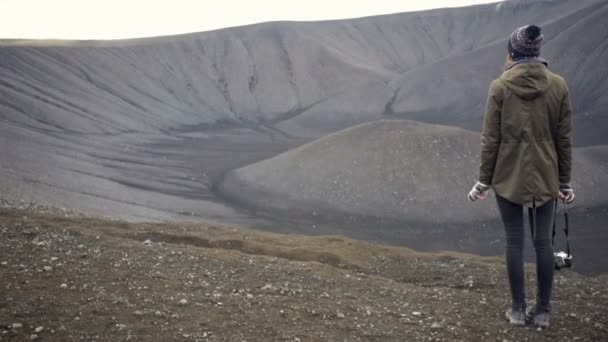 アイスランドの北部 ミヴァトン湖の近くにあるフェルフィヨール火山の頂上の岩の上に女性が座っています ストック動画