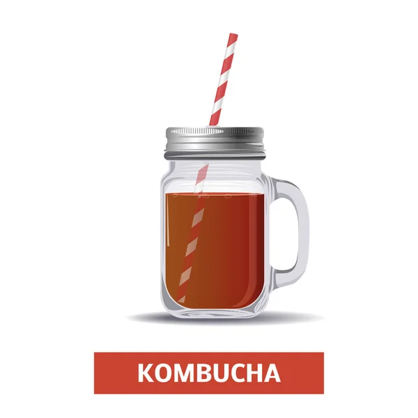 Kombucha Čaj Skleněné Nádobce Sláma Vektorové Ikony — Stockový vektor