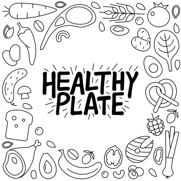 健康板手画刻字 向量卡片与食物的线性图标 — 图库矢量图片