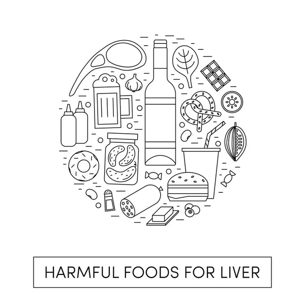 Vector Cartoon Illustration Harmul Foods Liver Bad Products Shape Circle — Stock Vector