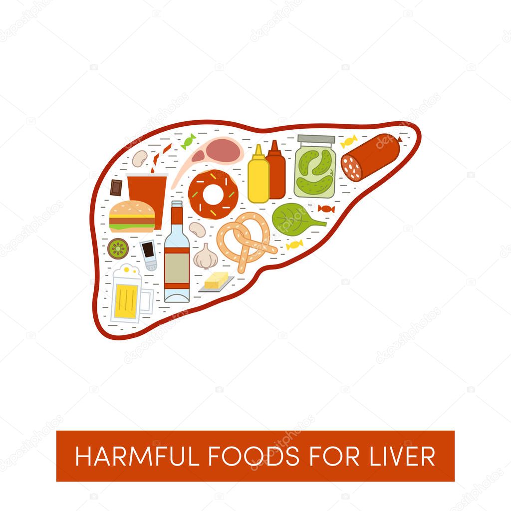 Vector cartoon illustration of harmul foods for a liver.