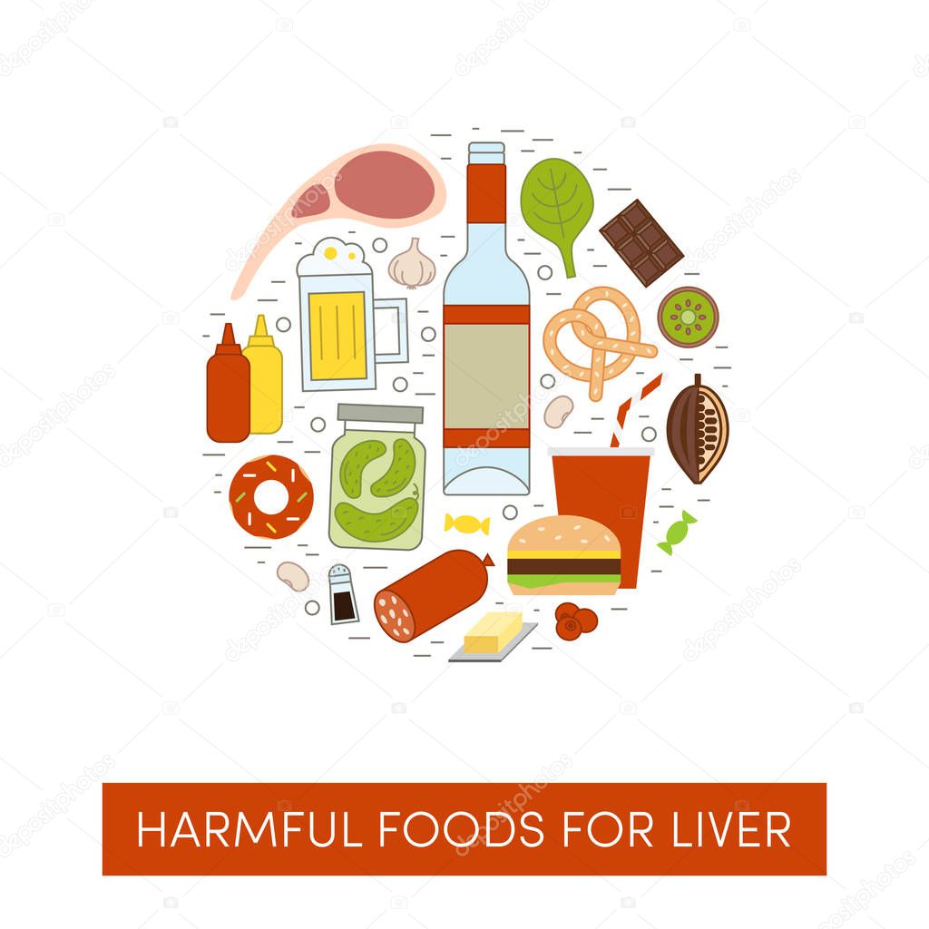 Vector cartoon illustration of harmul foods for a liver. Bad products in the shape of a circle