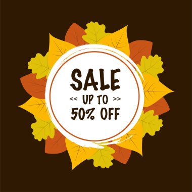 Sonbahar Satılık el ilanı veya afiş tasarım. Satılık %50 off kadar metin. Vektör çizim.