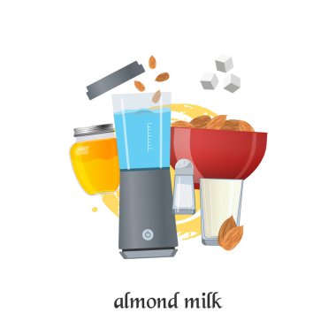 Badem sütü vektör kavramı. Maddeler yapılan kompozisyon