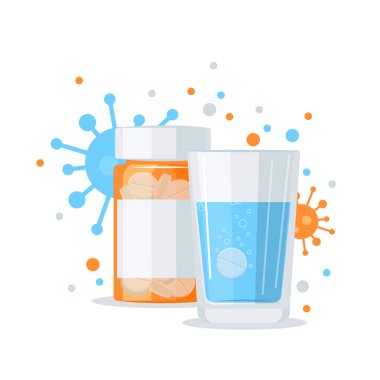 Antiviral ilaçlar kavramı vektör. Hapı şişe ve bardak su beyaz arka plan üzerinde düz tarzı