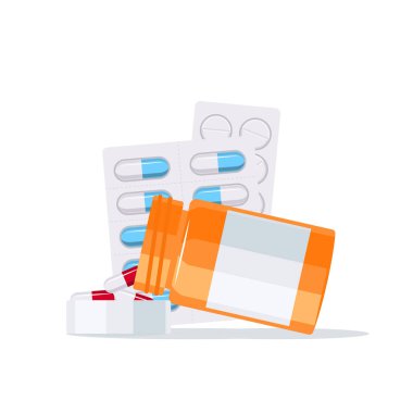 Medications vector concept. Capsules pouring out of the pill bottle into the lid and drugs blisters in flat style on white background. clipart