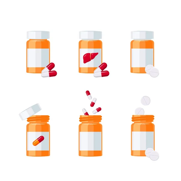 Concept Vectoriel Des Médicaments Ensemble Bouteilles Pilules Colorées Dans Style — Image vectorielle