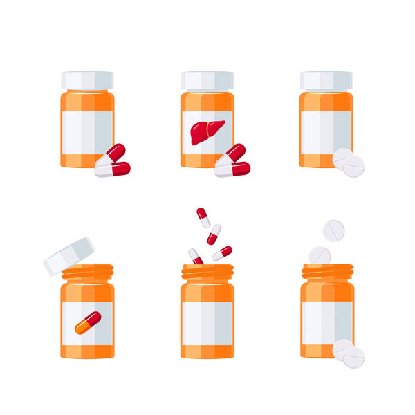 Medications vector concept. Set of colorful pill bottles in flat style