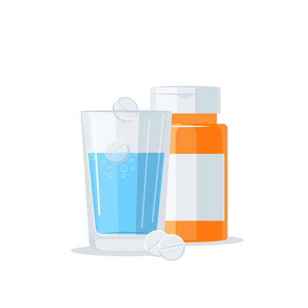 Medications Vector Concept Pill Bottle Glass Water Flat Style White — Stock Vector