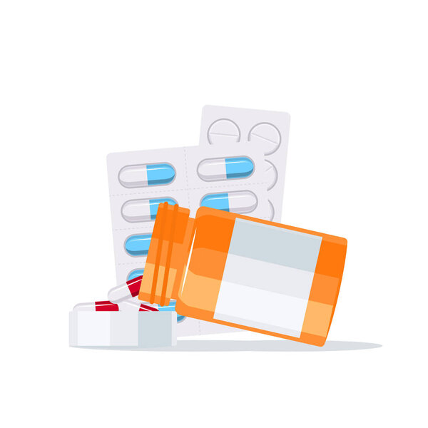 Medications vector concept. Capsules pouring out of the pill bottle into the lid and drugs blisters in flat style on white background.