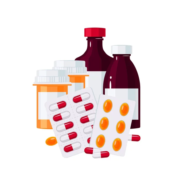 Ιατρική Έννοια Διάνυσμα Μπουκάλια Φάρμακα Και Χάπια Κυψέλες Επίπεδη Στυλ — Διανυσματικό Αρχείο