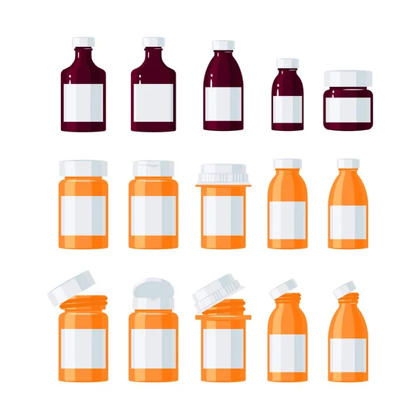 Concepto Vector Medicina Conjunto Botellas Colores Estilo Plano — Vector de stock