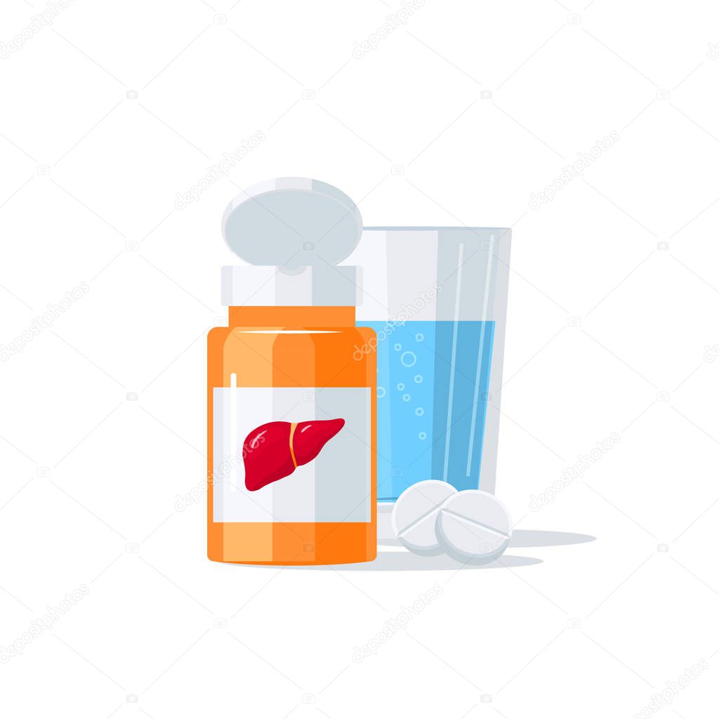 Liver disease medications vector concept. Bottle of pills and glass of water.