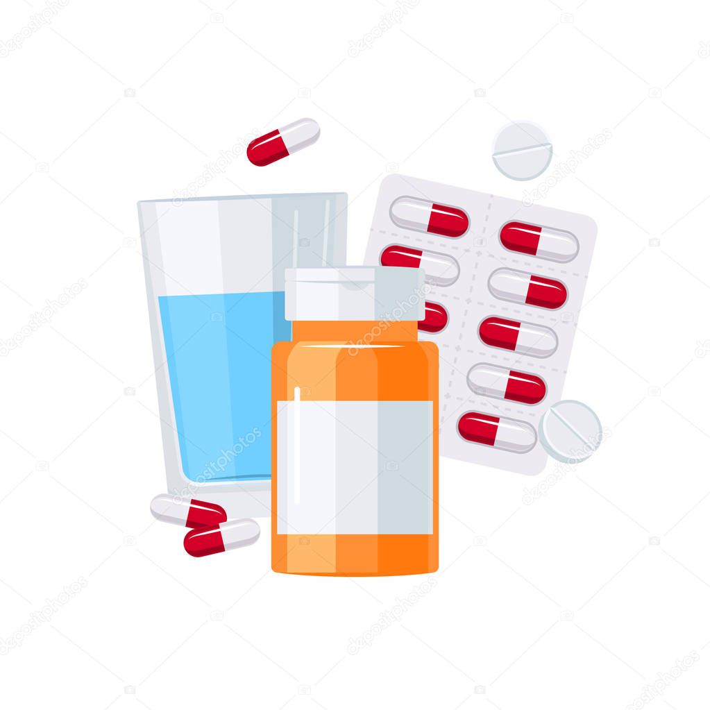 Medications vector concept. Pill bottle, drugs blister and glass of water in flat style on white background