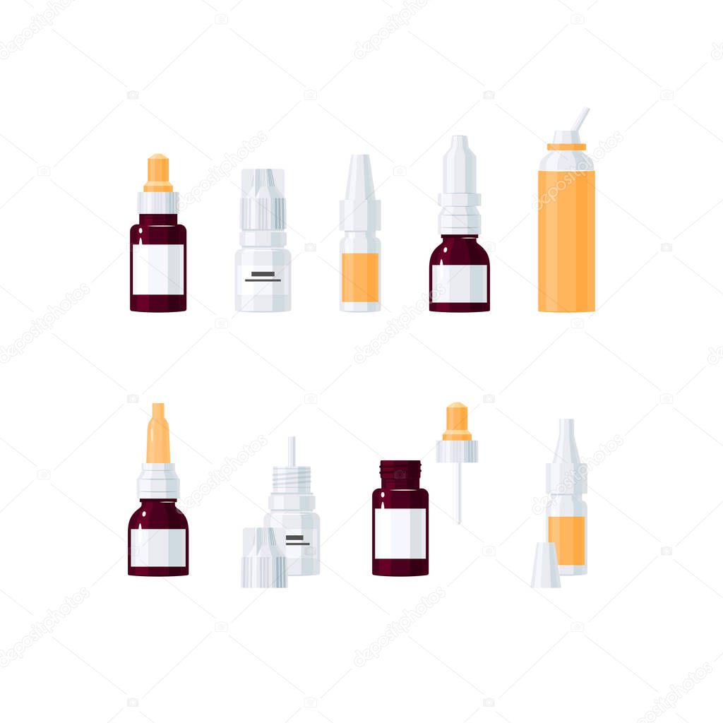 Set of nasal drops bottles (opened and closed). Vector icons in flat style