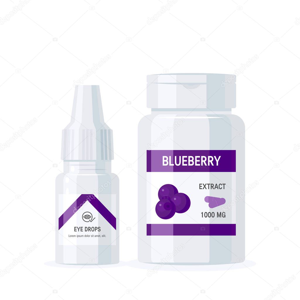 Ophthalmic medications concept. Eye drops and blueberry extract pills in flat style, vector illustration