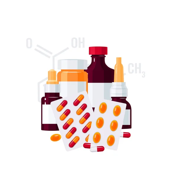 Medicina botellas vector concepto en estilo plano — Vector de stock