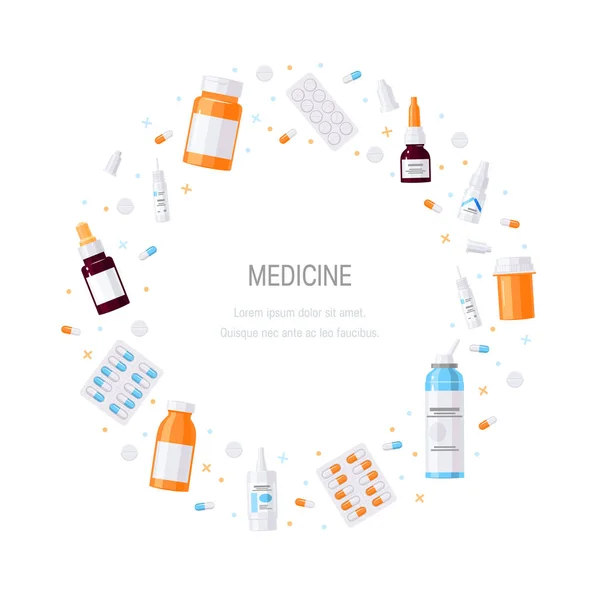 Medicina botellas vector concepto en estilo plano — Vector de stock