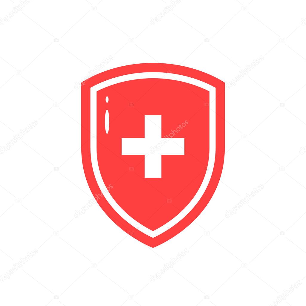 Red icon of medical shield in flat style