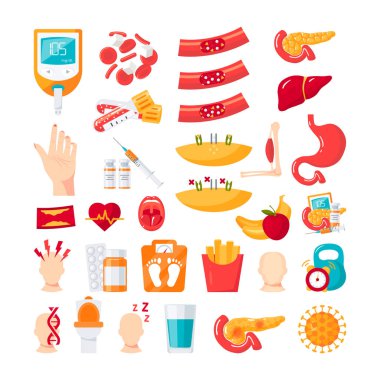 Diabetes mellitus icons in flat style, vector clipart