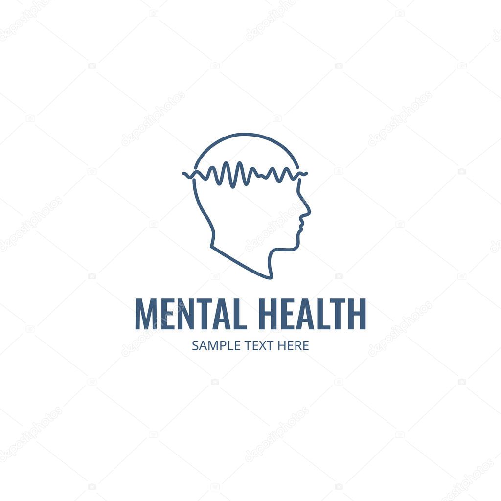 Mental health vector concept in flat style. Logo template with human head and brain waves